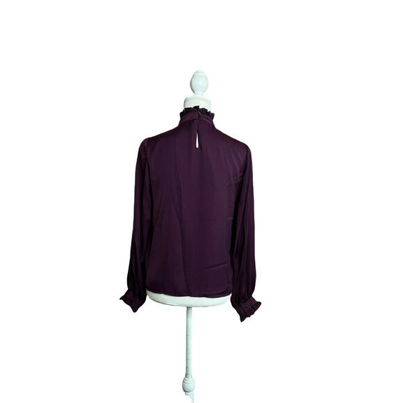 Nanette Lepore Solid Ruffled blouse Satin Smocked Deep V Sz Small Purple - Picture 3 of 9